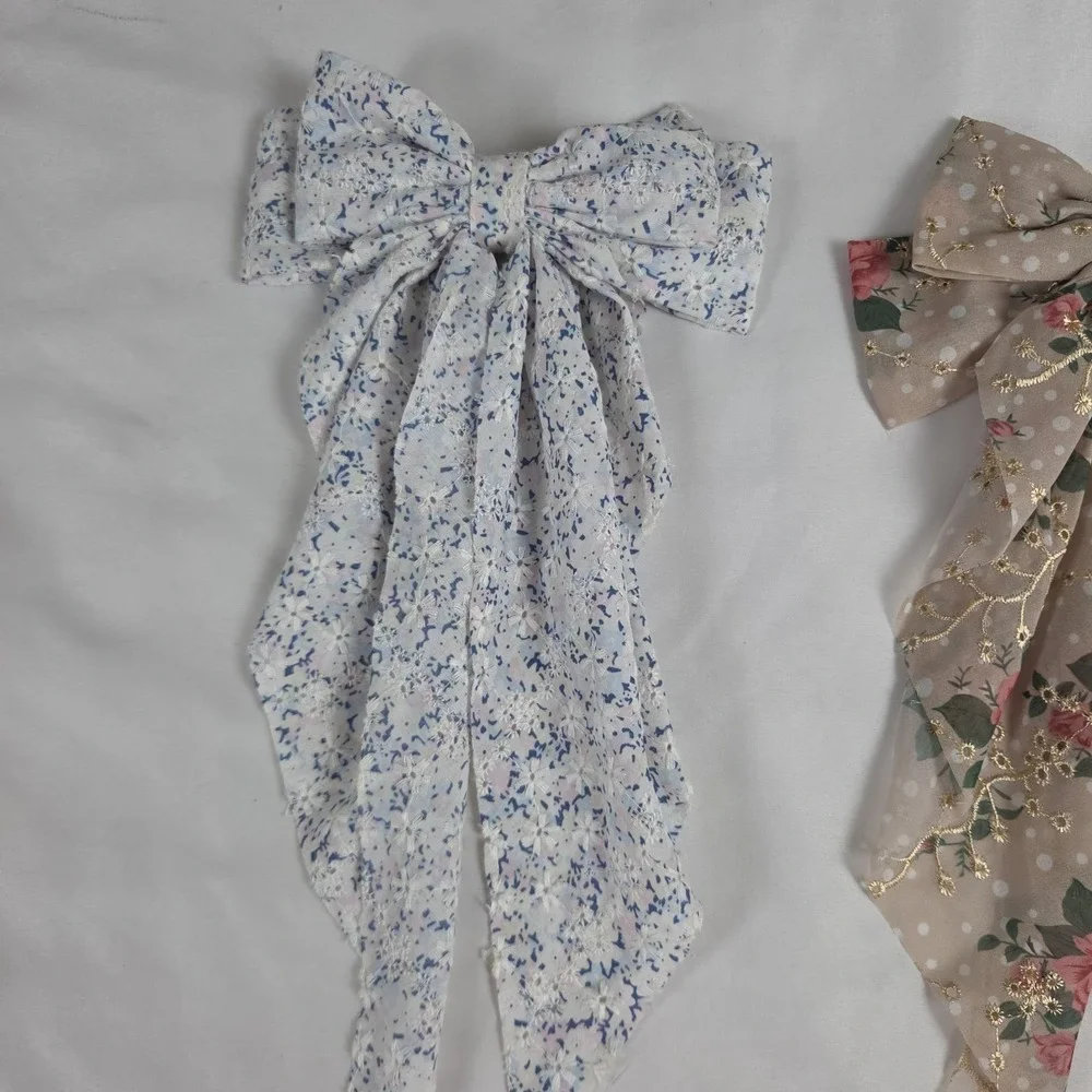 2 Vtg Floral Scarf Fabric Hair Bow Clip Tan Pink & White Blue Pastels